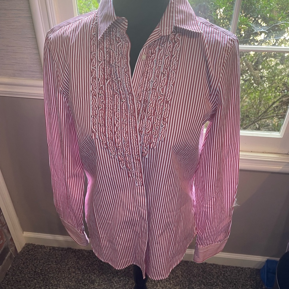 NWT Lauren blouse ruffled front red/white large